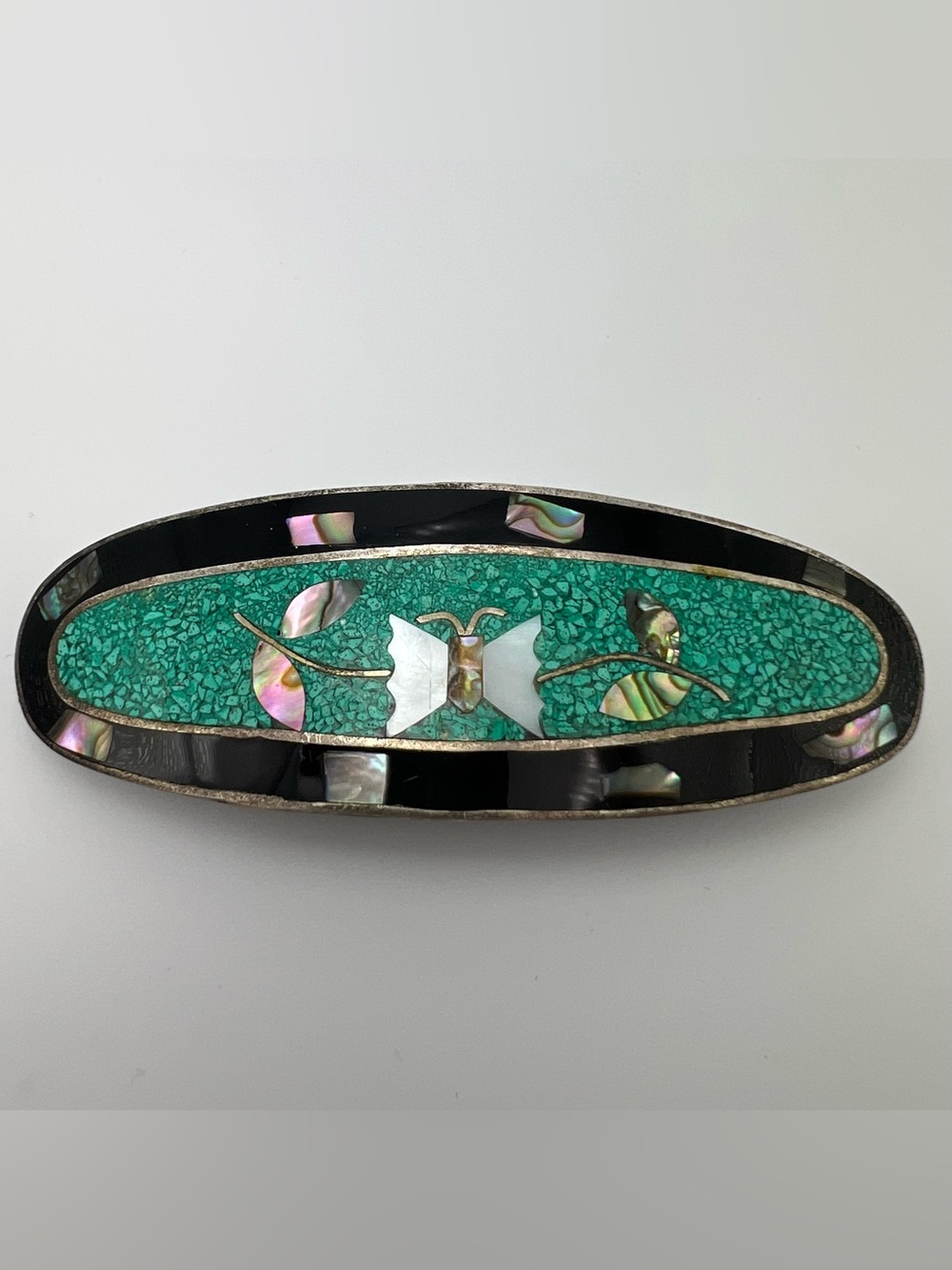 Vintage iridescent abalone mother of pearl enamel Alpaca hair barrette clip